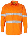 An orange long-sleeve drill shirt featuring reflective 3M tape and two chest pockets, with branding on the label.