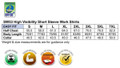 A table displaying size measurements for a Hi-Vis two tone short sleeve cotton work shirt, featuring various size options.