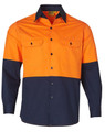 A Hi-Vis long-sleeve cotton work shirt in orange and navy, featuring two chest pockets and a logo.