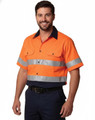 Hi-Vis short-sleeve safety shirt in orange with reflective strips, featuring a two-tone design and a logo.