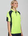 A bright yellow and navy polo shirt featuring sleeve panels and a logo, designed for workwear.