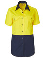 A short-sleeved safety shirt in high visibility yellow with a navy blue lower section and two front pockets.