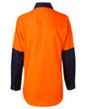 An orange and navy long-sleeve safety shirt featuring a collar and buttoned cuffs, with a logo on the front.