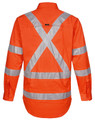 An orange work shirt featuring silver reflective strips in a cross pattern on the back. It includes a logo.