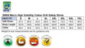 A table displaying sizes and measurements for men's high visibility cotton drill safety shirts in various sizes.