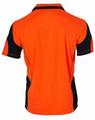 A Hi-Vis safety polo shirt in orange with black accents and a logo on the back. Designed for workwear use.