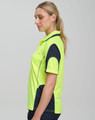 A high-visibility polo shirt in bright yellow with navy accents, featuring a logo on the chest.