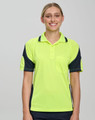 A bright yellow and navy blue polo shirt with short sleeves and a front pocket, featuring a logo.