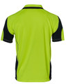 A Hi-Vis polo shirt in bright green with navy accents, featuring a logo on the back.