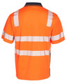 A safety polo shirt in bright orange with reflective striped detailing on the back and a logo.