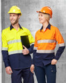 A yellow and navy long-sleeve safety shirt and an orange and navy long-sleeve safety shirt, both with segmented tape, worn by models.