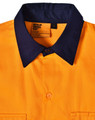 A bright orange long-sleeve safety shirt featuring a navy collar and a branded label inside.