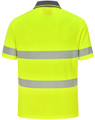 A vibrant yellow unisex polo shirt with segmented reflective stripes and a collar, featuring a logo.