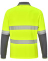 A high-visibility long-sleeve polo in bright yellow with grey accents and reflective stripes, featuring a logo.