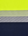 A segmented fabric featuring bright yellow and navy blue, with a pattern of grey stripes. The material is textured and breathable.