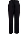 Black fleecey track pants featuring an elastic waistband and drawstring, designed for comfort and casual wear.