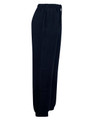 Navy fleecy track pants with an elastic waistband and side pockets. Features a logo on the garment.