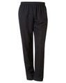 Black track pants with an elastic waistband and a simple design, featuring a logo on one side.