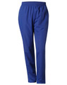 Blue track pants with an elastic waistband and tapered design, featuring a logo on the side.