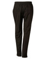 Black kid's track pants with an elastic waistband and side pockets, featuring a logo on the back.