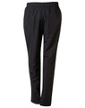 Black track pants featuring an elastic waistband and side pockets, with a logo on the front.
