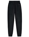 Black poly/cotton terry sweat pants featuring zippered pockets and a relaxed fit. Ideal for casual wear.