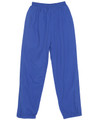 Blue track pants with an elastic waistband and side pockets, featuring a logo on the leg.