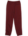 Burgundy track pants with an elastic waistband and cuffs, featuring a logo on the side.