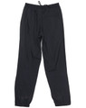 A pair of black track pants with an elasticised waistband and a single back pocket. Features a small logo.