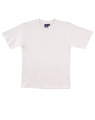 A plain white premium tee shirt with a round neckline and short sleeves. It features a logo on the label.