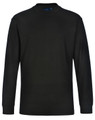 A black long-sleeve cotton crew neck t-shirt featuring a tag with a logo at the neckline.