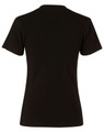 A black ladies' V-neck short sleeve T-shirt with a simple design and no visible branding.