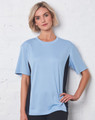 A short sleeve tee in light blue with dark navy side panels, featuring a logo on the front.