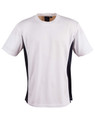 A short-sleeved children's t-shirt in white with black contrast panels and a logo at the neckline.