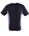 A navy blue t-shirt with light blue contrast panels on the sides. The shirt has a logo on it.