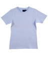A light blue ladies' fitted stretch tee with a round neck and short sleeves, featuring a logo.