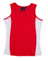 A red singlet with white side panels, featuring a branding logo on the label.