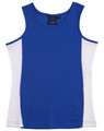 A blue singlet with white contrast panels and a brand logo on the neckline.