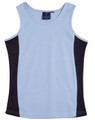 A light blue singlet with black contrast panels on the sides, featuring a logo on the label.