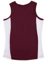 A maroon and white singlet featuring a contrasting design and a logo.