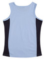 A light blue singlet with black contrast panels on the sides, featuring a logo. Suitable for women's wear.