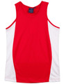 A red and white men's singlet with contrast mesh detailing and a logo on the label.