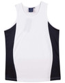 A men's singlet featuring a white body with black contrast mesh side panels and a logo on the label.