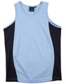 A light blue men's singlet with black contrast panels and a branding logo at the neckline.