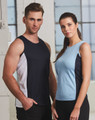 Men's Truedry Contrast Mesh Singlet in navy and white, featuring a branding logo, worn by a model.