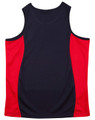 A sleeveless singlet featuring a navy blue base with red contrast panels, including a logo on the front.