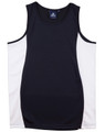 A black and white kid's singlet with a contrast mesh design and a logo. Suitable for active wear.