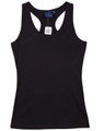 A black ladies' fitted stretch singlet featuring a racerback design and a tag.