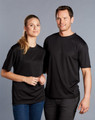Two models wearing black short sleeve t-shirts, featuring a simple design and a logo on one shirt.