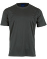 A grey short sleeve tee featuring a smooth texture and a logo on the neckline. Suitable for kids.
